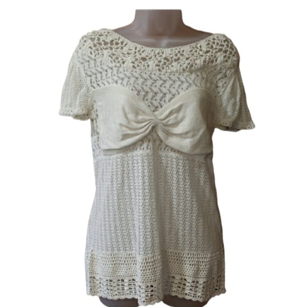 BCBGMAXAZRIA Runway Cream Lace Crochet Top LG